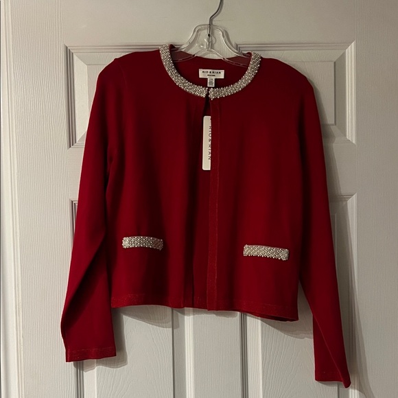 Rio & Rian Sweaters - Rio & Rian Red Cardigan with Pearl Accents